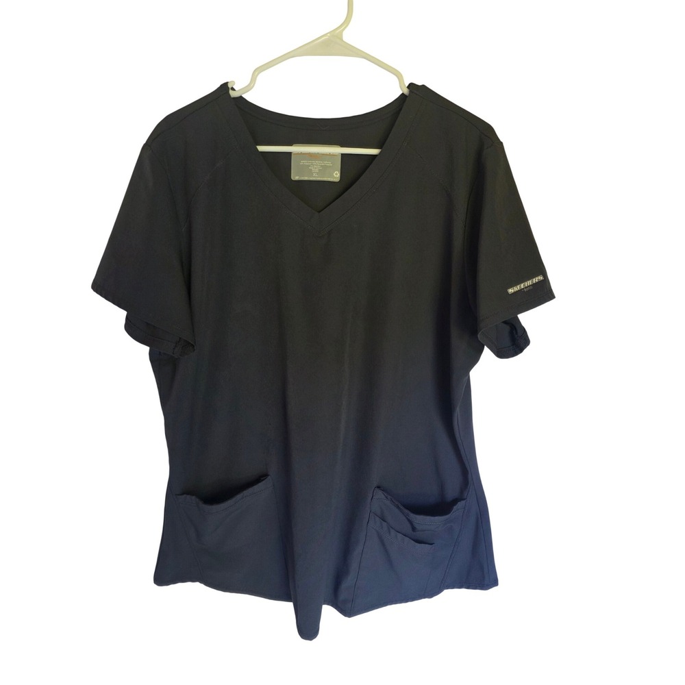 Skechers by Barco Womens XL Black V-Neck Scrub Top Short Sleeve Pockets Medical
